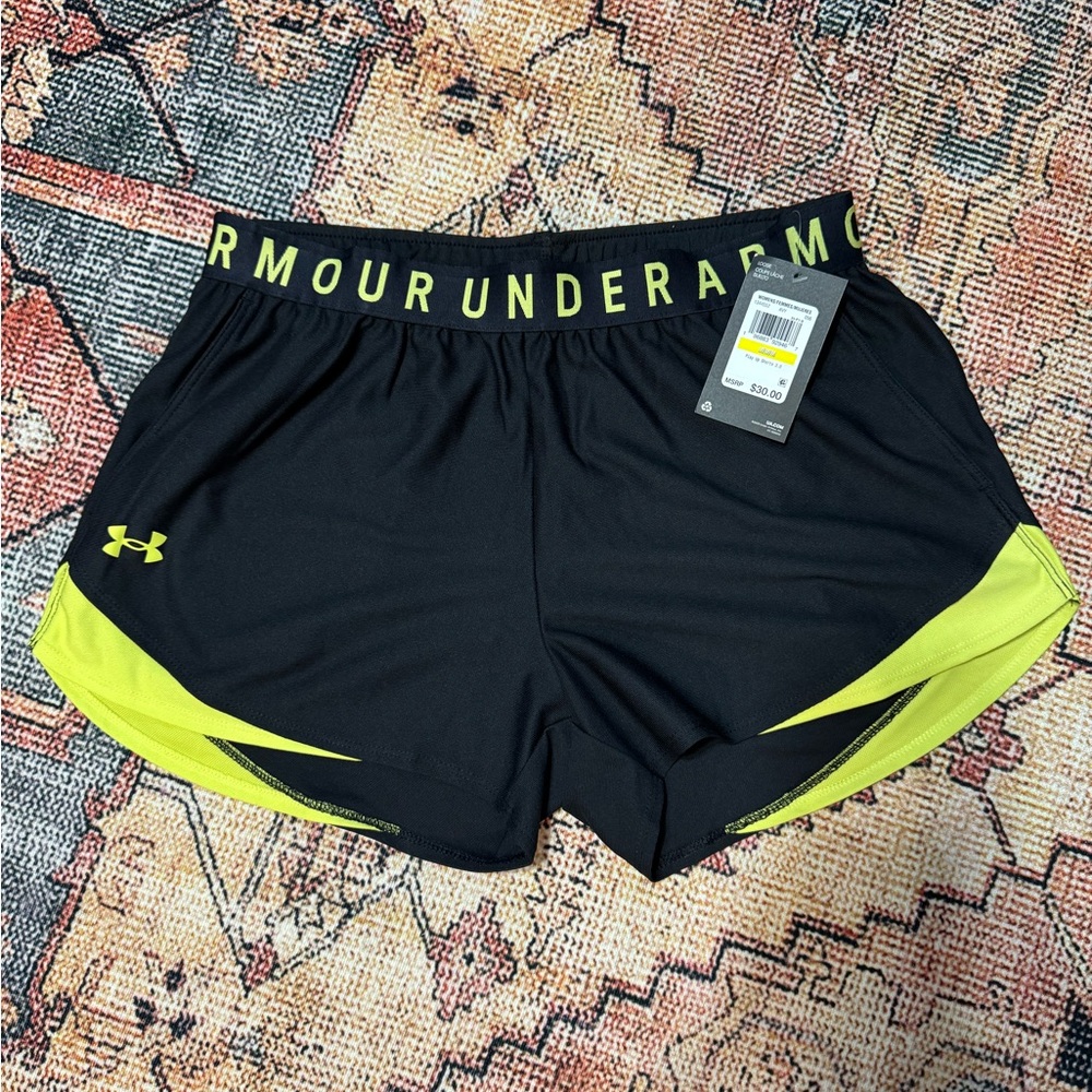 Under Armour Women's Black and Neon Yellow Shorts